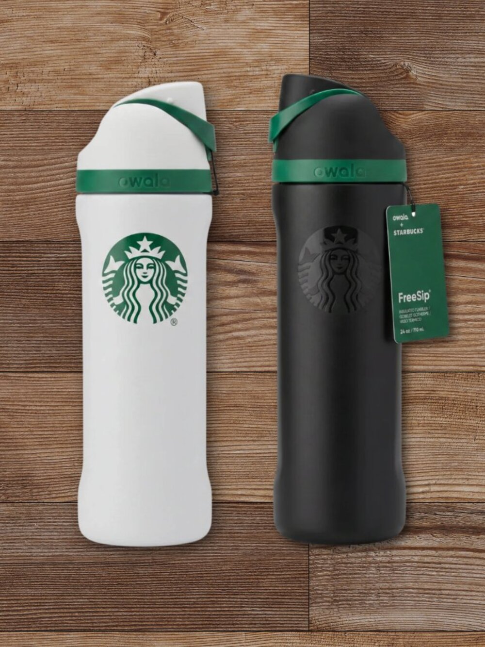 Starbucks x Owala Set (2) Black and White FreeSip Travel Bottle 24oz Tumbler